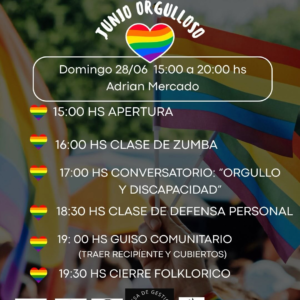 ✨🏳️‍🌈 FESTIVAL JUNIO ORGULLOSO 🏳️‍⚧️✨ 💫 Desde la Mesa de Gestión por la Diversidad te invitamos este 28 de junio a celebrar el Día del Orgullo LGBTIQAPN+ en familia 🫂 🟢 Vamos a compartir una tarde donde habrá un montón de actividades: 🏃🏽‍♀️Clase de zumba 💬 Conversatorio sobre Orgullo y Discapacidad 🥊 Clase de defensa personal 🥘 Guiso comunitario 💃🏽 Cierre folclórico ✅ También la jornada de transmitirá por Radio Pirka, nos acompañará en Punto Violeta, habrá stands institucionales informativos y testeos de VIH/Sífilis rápidos y gratuitos y entrega de plantines, entre otros. 🏳️‍🌈 ¡Vení a divertirte y celebrar el orgullo juntxs! 🏳️‍⚧️