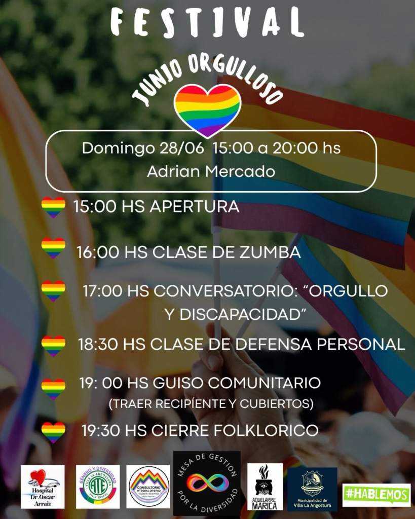 ✨🏳️‍🌈 FESTIVAL JUNIO ORGULLOSO 🏳️‍⚧️✨ 💫 Desde la Mesa de Gestión por la Diversidad te invitamos este 28 de junio a celebrar el Día del Orgullo LGBTIQAPN+ en familia 🫂 🟢 Vamos a compartir una tarde donde habrá un montón de actividades: 🏃🏽‍♀️Clase de zumba 💬 Conversatorio sobre Orgullo y Discapacidad 🥊 Clase de defensa personal 🥘 Guiso comunitario 💃🏽 Cierre folclórico ✅ También la jornada de transmitirá por Radio Pirka, nos acompañará en Punto Violeta, habrá stands institucionales informativos y testeos de VIH/Sífilis rápidos y gratuitos y entrega de plantines, entre otros. 🏳️‍🌈 ¡Vení a divertirte y celebrar el orgullo juntxs! 🏳️‍⚧️