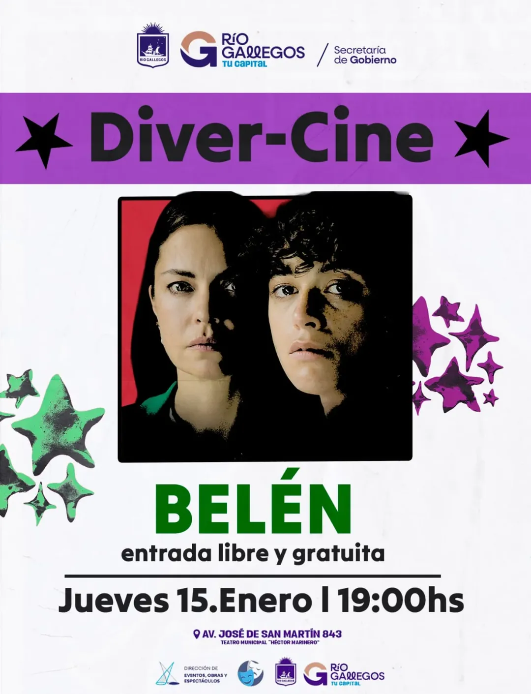 🎥 Desde la Dirección de Políticas de Género te invitamos a participar de este ciclo de cine-debate que busca visibilizar, reflexionar y compartir las luchas y vivencias a través del cine. 🎞️ En cada edición proyectaremos una película con perspectiva de género y diversidad sexual, seguida de un espacio de debate abierto. En está edición proyectaremos: BELÉN. 💚 Una mujer descubre su embarazo en el hospital. Tras una emergencia, enfrenta cargos. Con apoyo legal y activistas, lucha por justicia en un caso que podría ser decisivo. 📆 Fecha: Jueves 15 de Enero a las 19hs 📍Lugar: TEATRO HECTOR MARINERO, Av. San Martín, 849. ✅Entrada libre y gratuita.